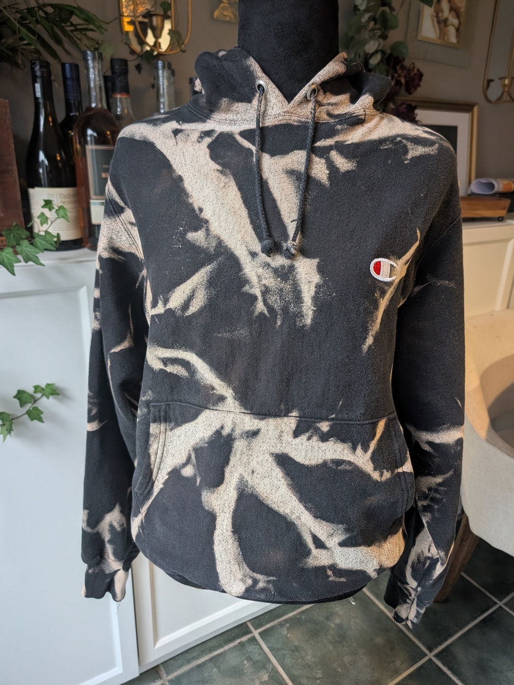 Champion Black and Bleach Tie Dye Hoodie Sweatshirt